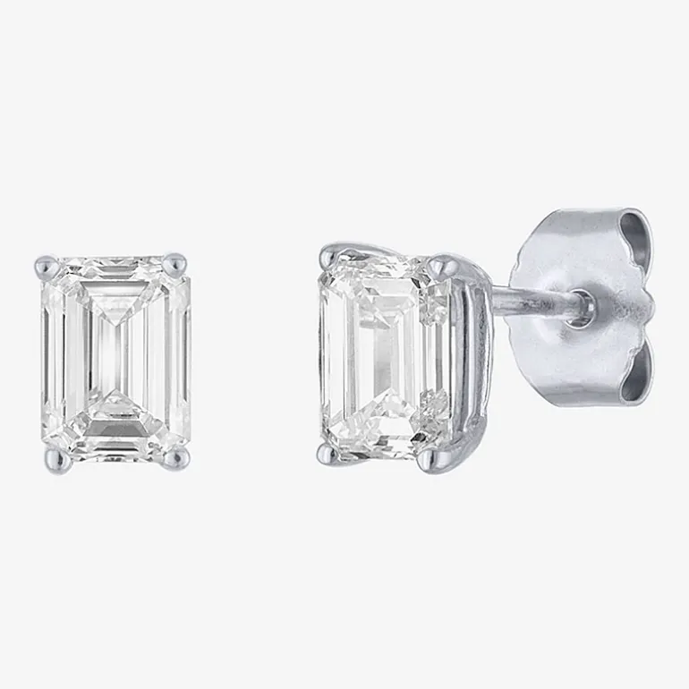 ( E-F/Si1-Si2 ) 1 CT. T.W. Lab-Grown Diamond 10K Gold 5.9mm Emerald Stud Earrings