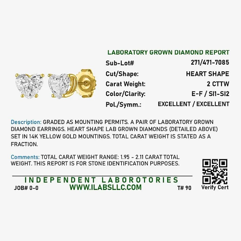 ( E-F/Si1-Si2 ) 2 CT. T.W. Lab-Grown Diamond 14K Gold 7.3mm Heart Stud Earrings
