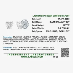 ( E-F/Si1-Si2 ) 3 CT. T.W. Lab-Grown Diamond 14K Gold 8.1mm Heart Stud Earrings
