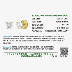 ( E-F/Si1-Si2 ) 3 CT. T.W. Lab-Grown Diamond 14K Gold 8.1mm Heart Stud Earrings