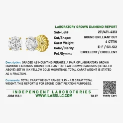 ( E-F/Si1-Si2 ) 4 CT. T.W. Lab-Grown Diamond 14K Gold 8mm Round Stud Earrings