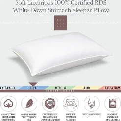 Ella Jayne Soft 100% Certified RDS White Down Stomach Sleeper Pillow