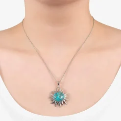 Enhanced Turquoise Filigree Sterling Silver Sun Pendant Necklace