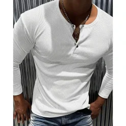 Enigma Meadows Classic Ribbed Texture Henley Neck Long Sleeve T-Shirt