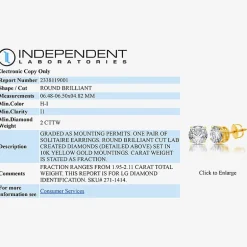 Ever Star (G / SI1-SI2) 2 CT. T.W. Lab-Grown Diamond 10K or 14K Gold Round Stud Earrings