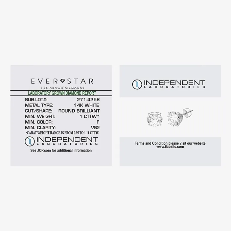 Ever Star (G / VS2) 1 CT. T.W. Lab Grown White Diamond 14K Gold 5.2mm Round Stud Earrings