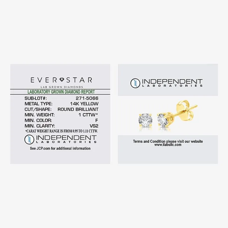 Ever Star (G / VS2) 1 CT. T.W. Lab Grown White Diamond 14K Gold 5.2mm Round Stud Earrings