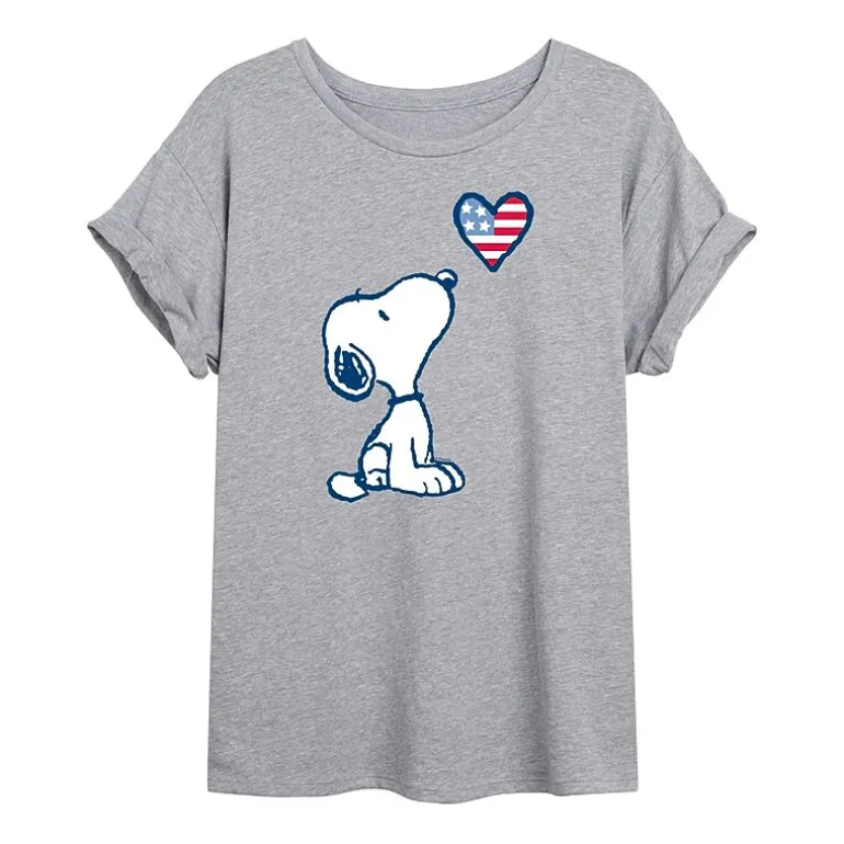 Flag Heart Womens Juniors Crew Neck Short Sleeve Oversized Peanuts Snoopy Graphic T-Shirt
