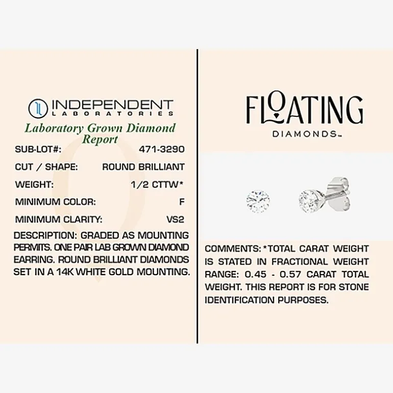 Floating Diamonds (F / Vs2) 1/2 CT. T.W. Lab Grown White Diamond 14K Gold 4.2mm Round Stud Earrings