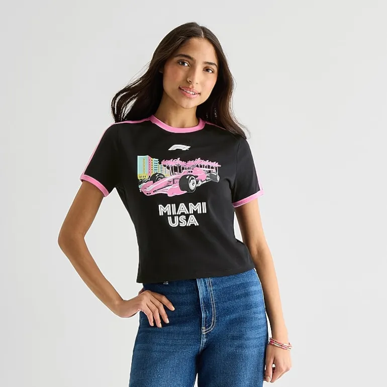 Formula 1 Baby Tee Womens Juniors Crew Neck Short Sleeve Regular Fit Graphic T-Shirt