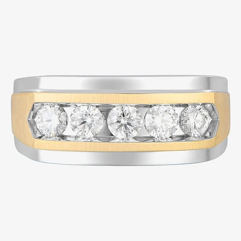 (F, Vs2) Mens 10MM 1 CT. T.W. Lab Grown White Diamond 10K Two Tone Gold Round 5-Stone Wedding Band