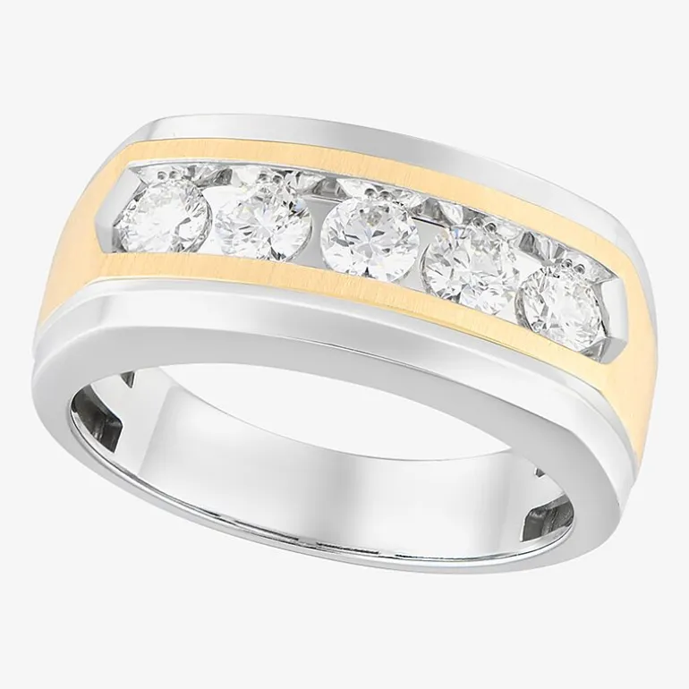 (F, Vs2) Mens 10MM 1 CT. T.W. Lab Grown White Diamond 10K Two Tone Gold Round 5-Stone Wedding Band