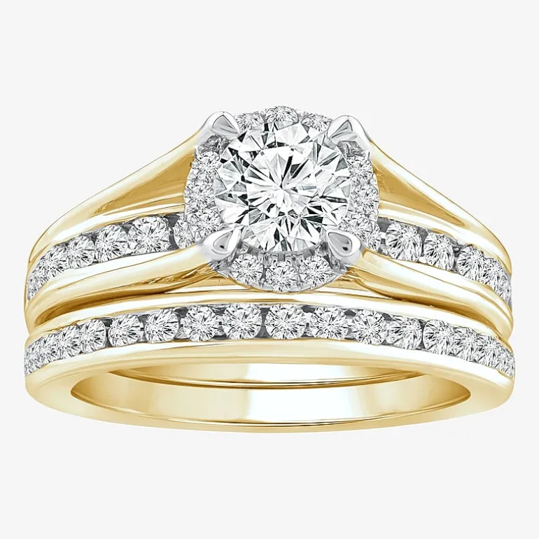 (F / VS2) Womens 1 1/2 CT. T.W. Lab Grown White Diamond 10K or 14K Gold Round Side Stone Bridal Set