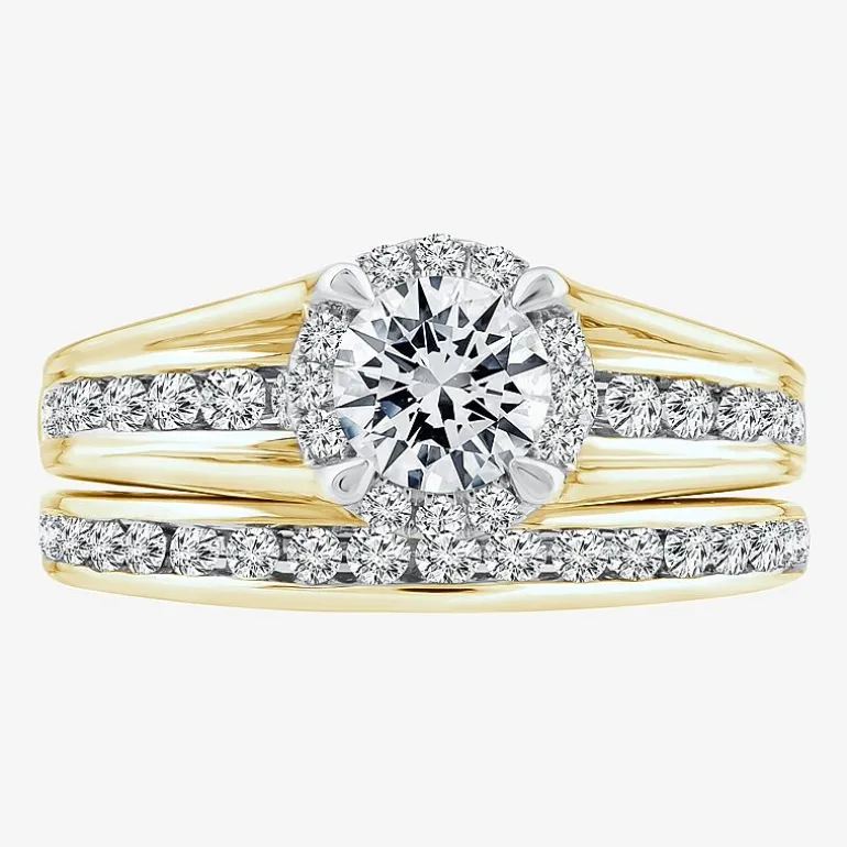 (F / VS2) Womens 1 1/2 CT. T.W. Lab Grown White Diamond 10K or 14K Gold Round Side Stone Bridal Set