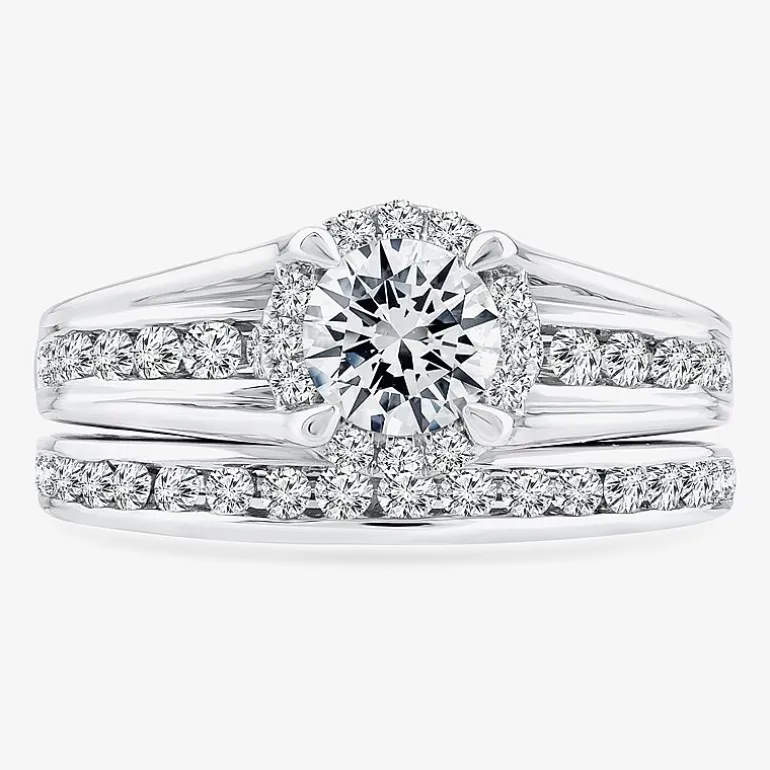 (F / VS2) Womens 1 1/2 CT. T.W. Lab Grown White Diamond 10K or 14K Gold Round Side Stone Bridal Set
