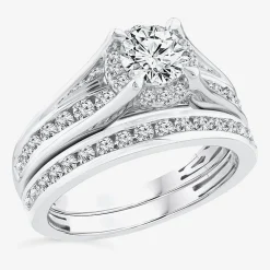 (F / VS2) Womens 1 1/2 CT. T.W. Lab Grown White Diamond 10K or 14K Gold Round Side Stone Bridal Set