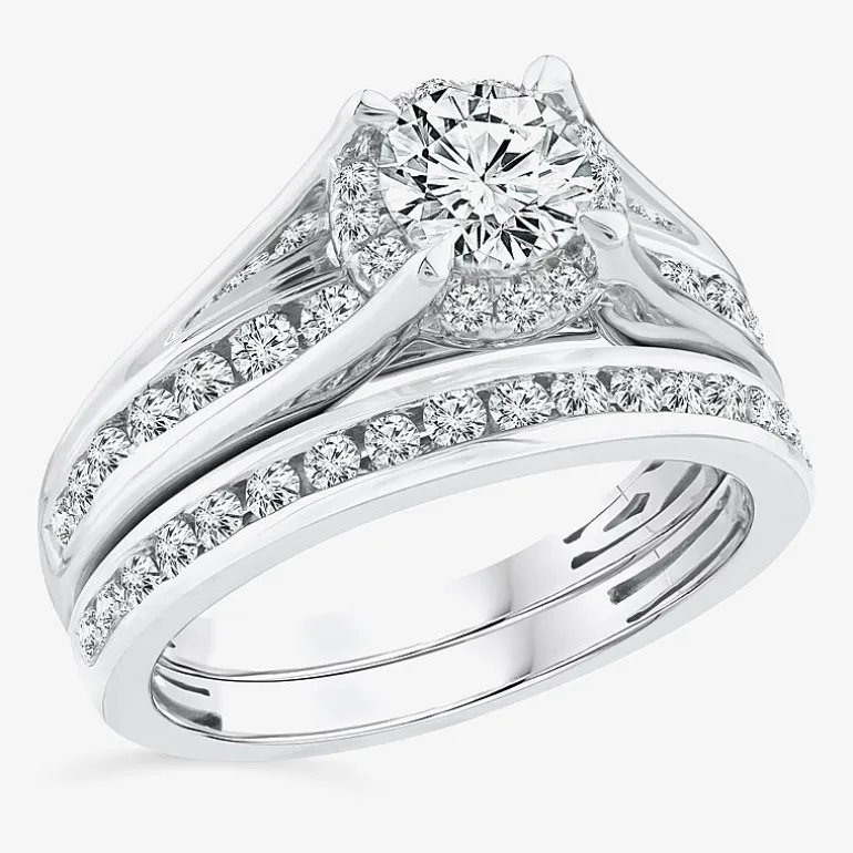 (F / VS2) Womens 1 1/2 CT. T.W. Lab Grown White Diamond 10K or 14K Gold Round Side Stone Bridal Set