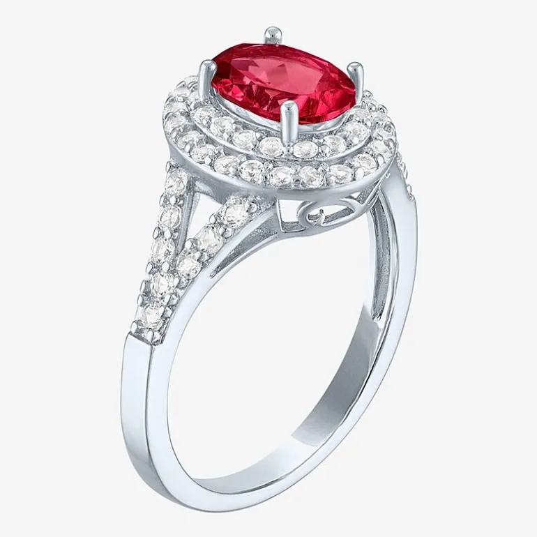 Gemstone and Lab-Created White Sapphire Sterling Silver Oval Double Halo Cocktail Ring