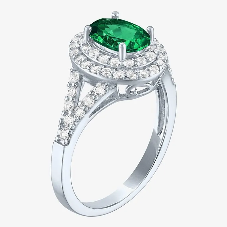 Gemstone and Lab-Created White Sapphire Sterling Silver Oval Double Halo Cocktail Ring