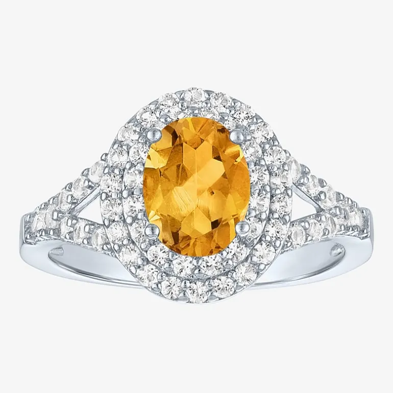 Gemstone and Lab-Created White Sapphire Sterling Silver Oval Double Halo Cocktail Ring