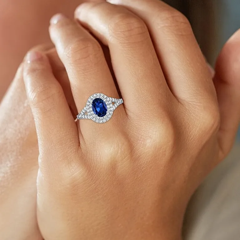 Gemstone and Lab-Created White Sapphire Sterling Silver Oval Double Halo Cocktail Ring