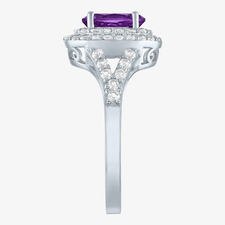 Gemstone and Lab-Created White Sapphire Sterling Silver Oval Double Halo Cocktail Ring