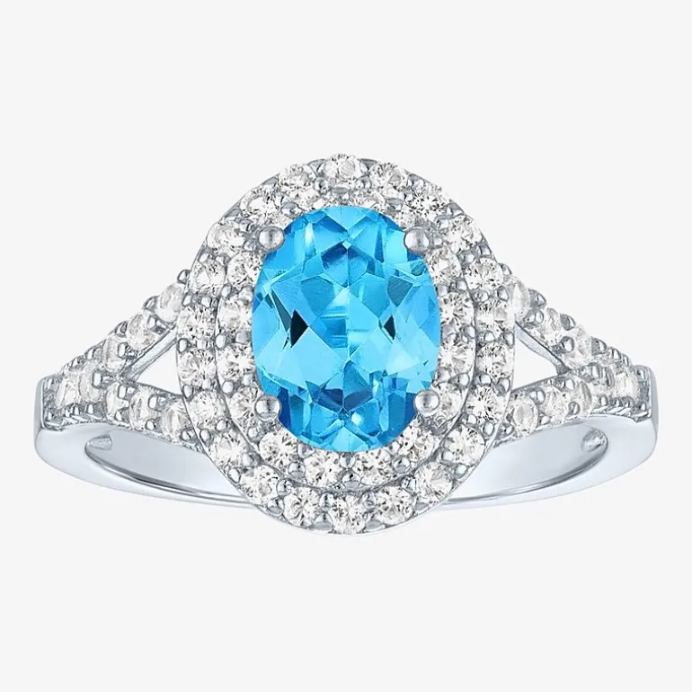 Gemstone and Lab-Created White Sapphire Sterling Silver Oval Double Halo Cocktail Ring