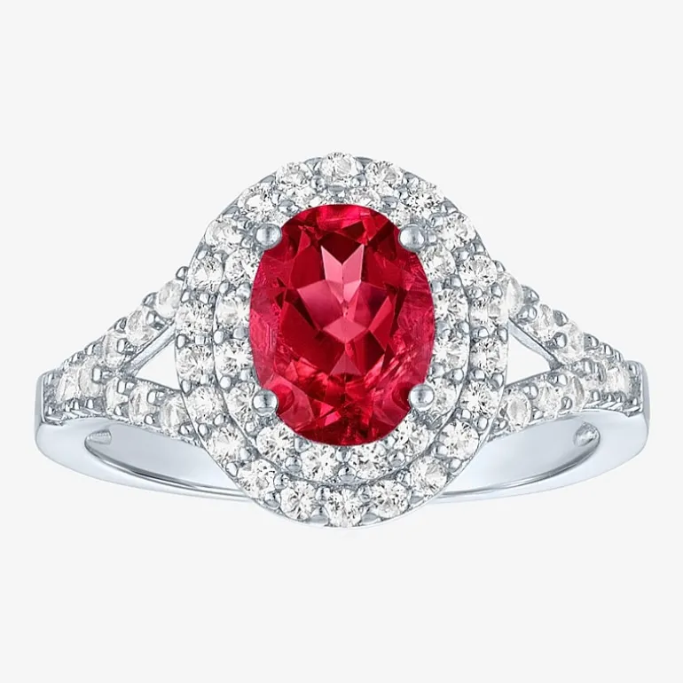 Gemstone and Lab-Created White Sapphire Sterling Silver Oval Double Halo Cocktail Ring