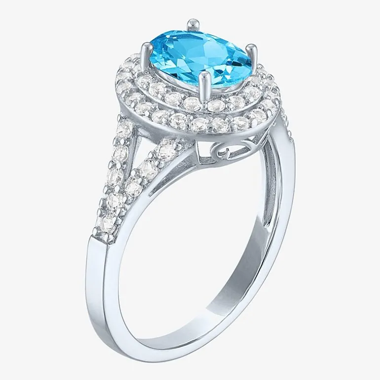 Gemstone and Lab-Created White Sapphire Sterling Silver Oval Double Halo Cocktail Ring