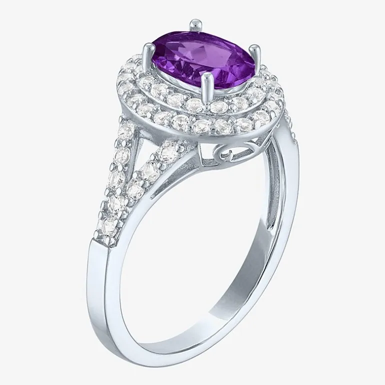 Gemstone and Lab-Created White Sapphire Sterling Silver Oval Double Halo Cocktail Ring
