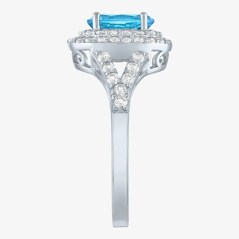 Gemstone and Lab-Created White Sapphire Sterling Silver Oval Double Halo Cocktail Ring