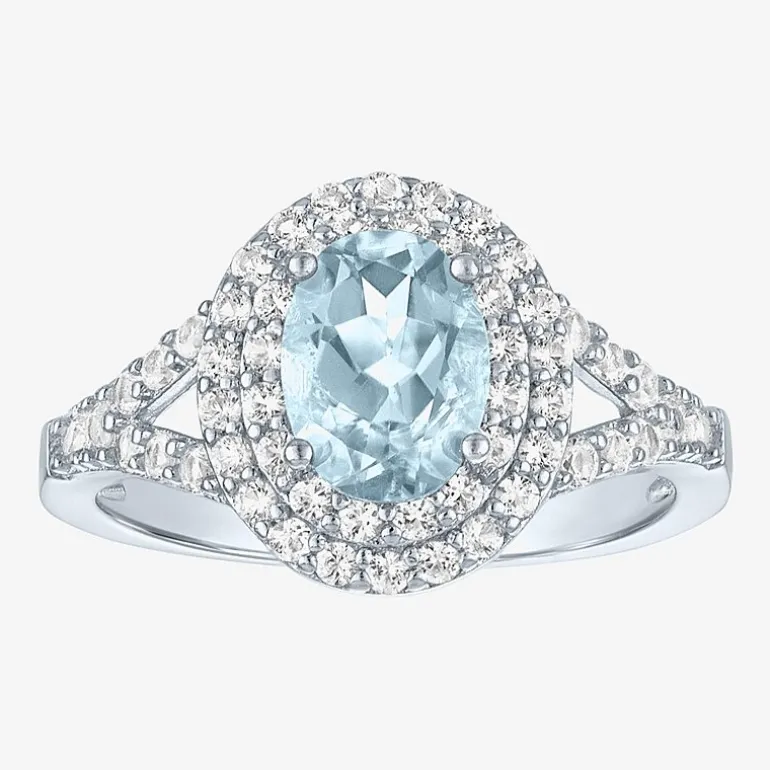 Gemstone and Lab-Created White Sapphire Sterling Silver Oval Double Halo Cocktail Ring