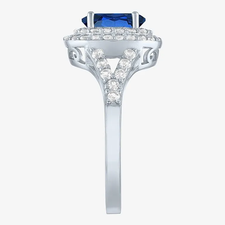 Gemstone and Lab-Created White Sapphire Sterling Silver Oval Double Halo Cocktail Ring