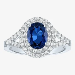 Gemstone and Lab-Created White Sapphire Sterling Silver Oval Double Halo Cocktail Ring