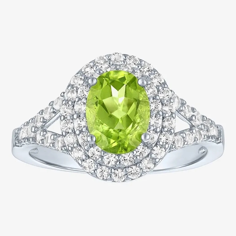 Gemstone and Lab-Created White Sapphire Sterling Silver Oval Double Halo Cocktail Ring