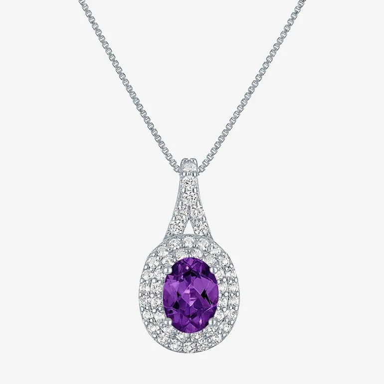 Gemstone & Lab-Created White Sapphire Sterling Silver Halo Pendant Necklace