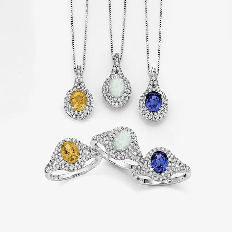 Gemstone & Lab-Created White Sapphire Sterling Silver Halo Pendant Necklace