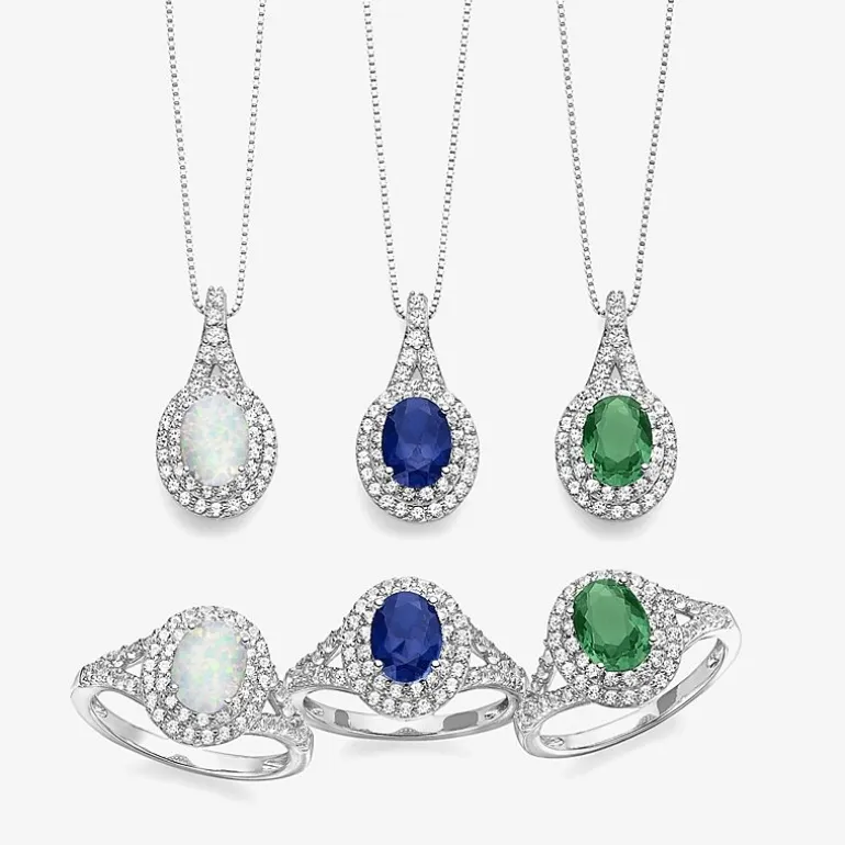 Gemstone & Lab-Created White Sapphire Sterling Silver Halo Pendant Necklace