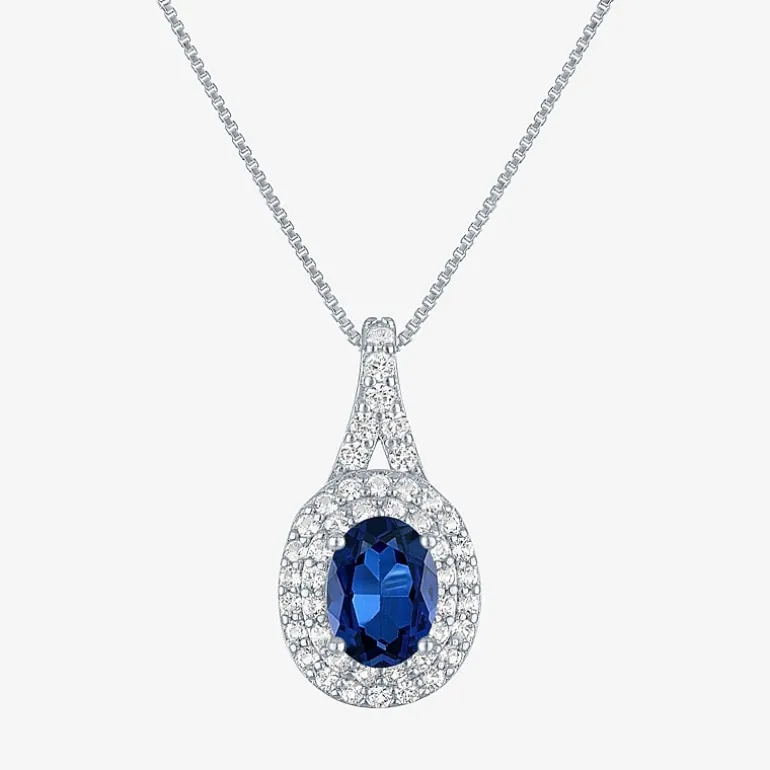 Gemstone & Lab-Created White Sapphire Sterling Silver Halo Pendant Necklace