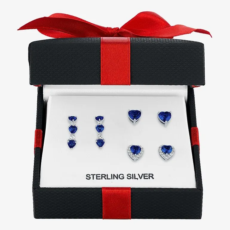 Gemstone Sterling Silver Heart 3 Pair Earring Set