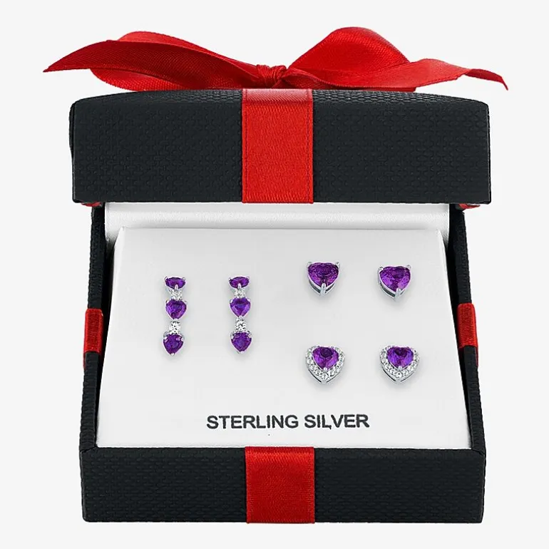 Gemstone Sterling Silver Heart 3 Pair Earring Set