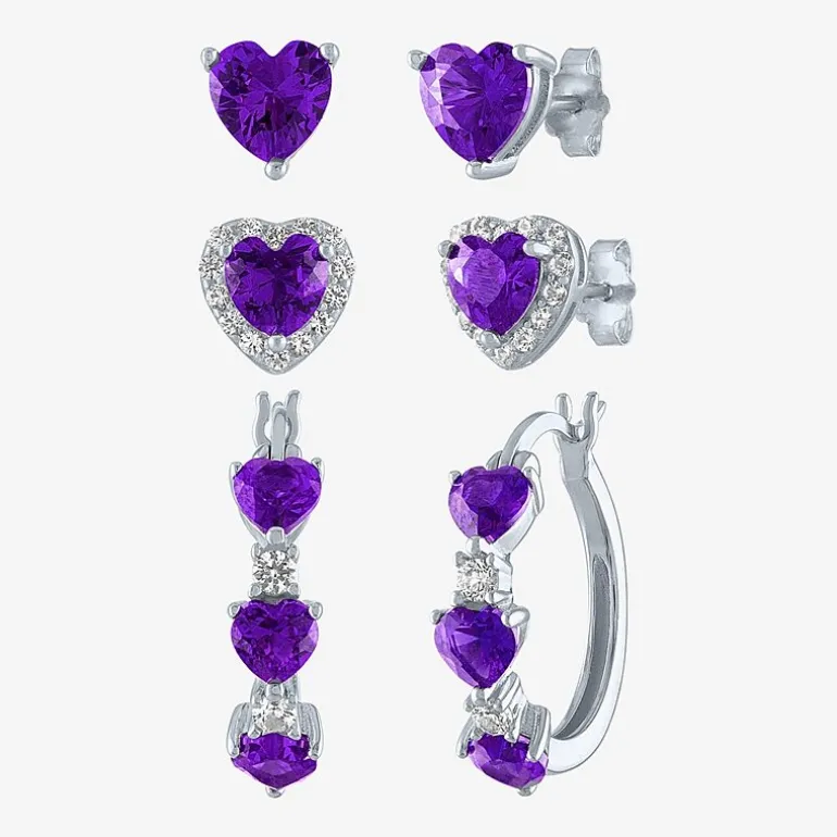 Gemstone Sterling Silver Heart 3 Pair Earring Set