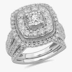 (G-H / Si1-Si2) Womens 2 CT. T.W. Lab Grown White Diamond 10K Gold Cushion Side Stone Bridal Set