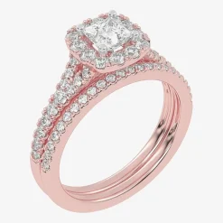 (G-H / Vs2-Si1) Womens 1 CT. T.W. Lab Grown White Diamond 10K Gold Cushion Side Stone Halo Bridal Set