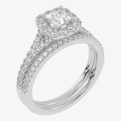 (G-H / Vs2-Si1) Womens 1 CT. T.W. Lab Grown White Diamond 10K Gold Cushion Side Stone Halo Bridal Set
