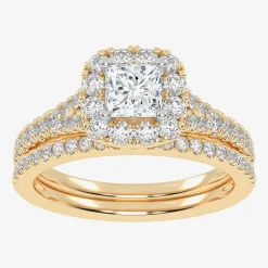 (G-H / Vs2-Si1) Womens 1 CT. T.W. Lab Grown White Diamond 10K Gold Cushion Side Stone Halo Bridal Set