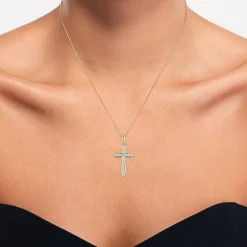 (G-H Womens 1/3 CT. T.W. Lab Grown White Diamond 10K Gold Cross 16 Inch Pendant Necklace
