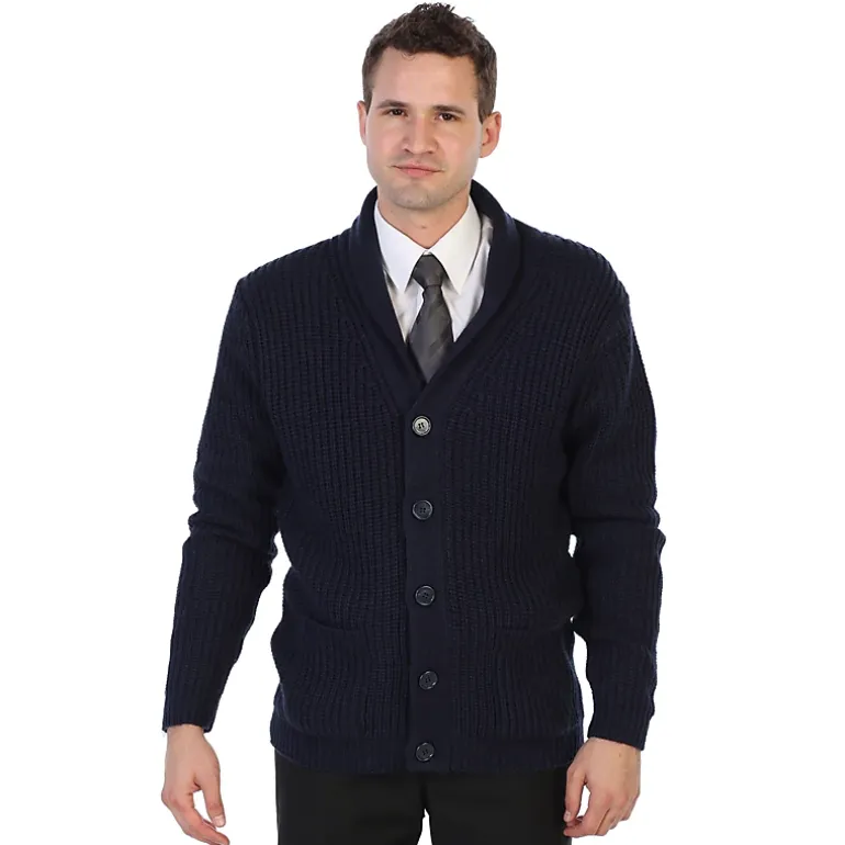 Gioberti Men's Heavy Weight Shawl Collar Knitted Regular Fit Cardigan With Faux Suede Elbow Patch