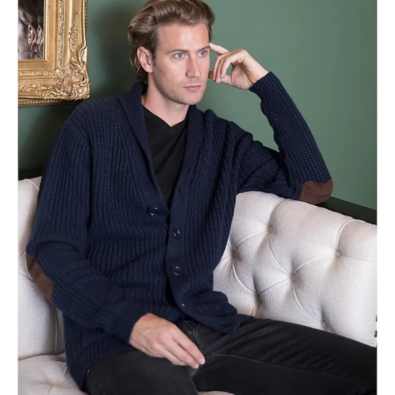 Gioberti Men's Heavy Weight Shawl Collar Knitted Regular Fit Cardigan With Faux Suede Elbow Patch