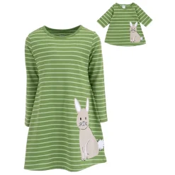 Girl & Matching Doll Set - Cotton Green & White Striped Easter Bunny Dress